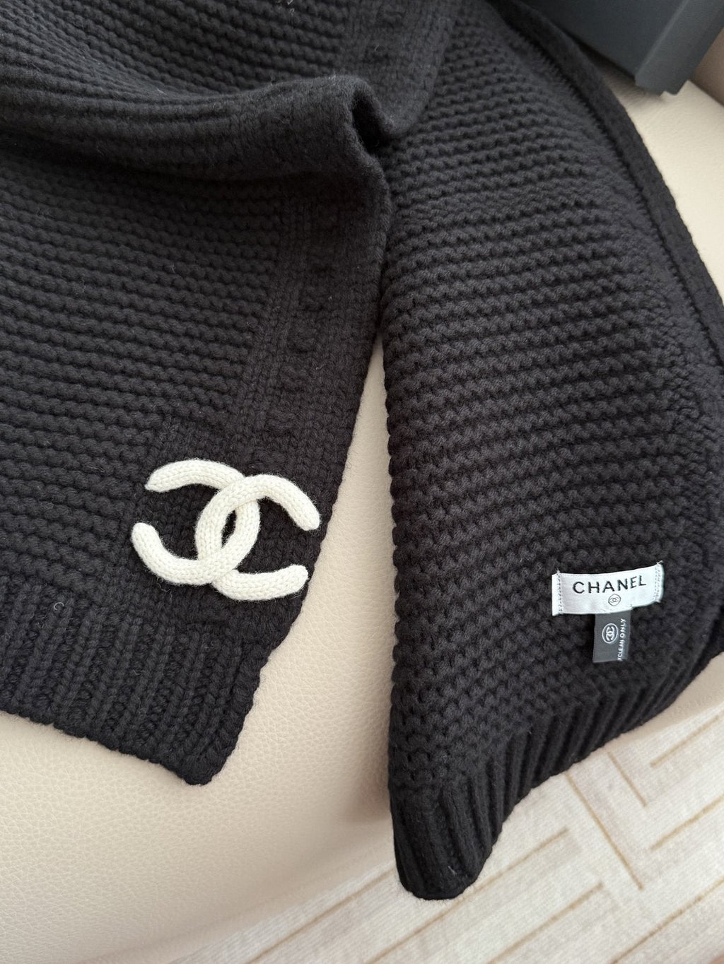 Chanel Black Rib-Knit Logo Scarf